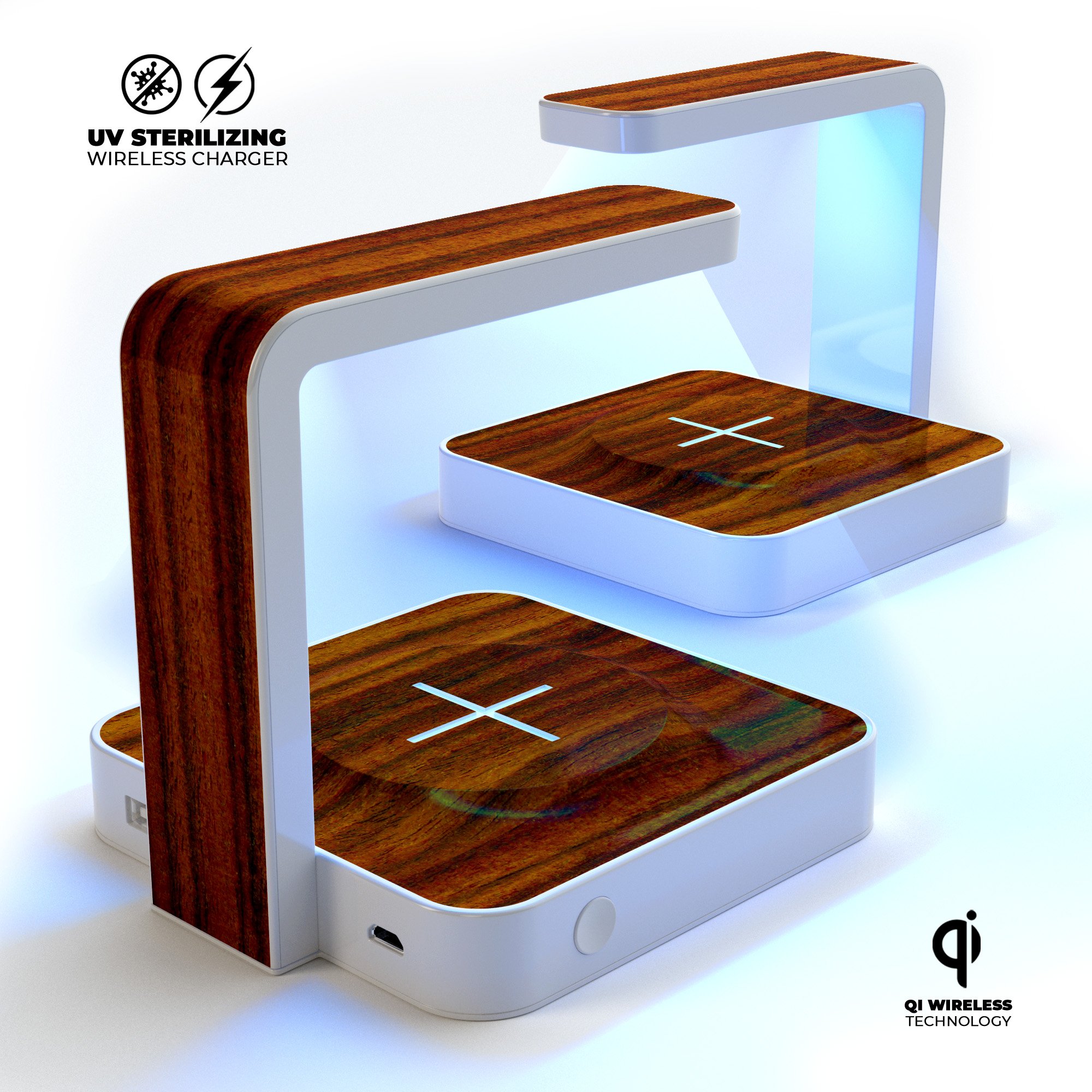 Bright Red Ebony Woodgrain UV Germicidal Sanitizing Sterilizing charger with wireless charging capabilities and decorative skin-kit.